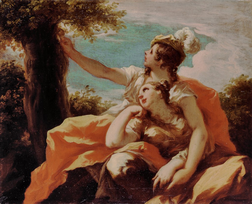 Giovanni Antonio Pellegrini (1675 – 1741) Angelica und Medor – Irdische Liebe, Motiv aus Ariost’s Versepos „Der rasende Roland“ (Orlando furioso), um 1715 Öl auf Leinwand, 47,4 x 58,3 cm, erworben 1908, Clemens Sels Museum Neuss.