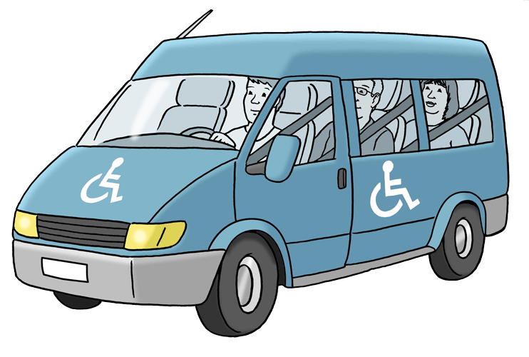 Fahrdienst für Menschen mit Behinderungen: 3 Personen in einem blauen Auto.