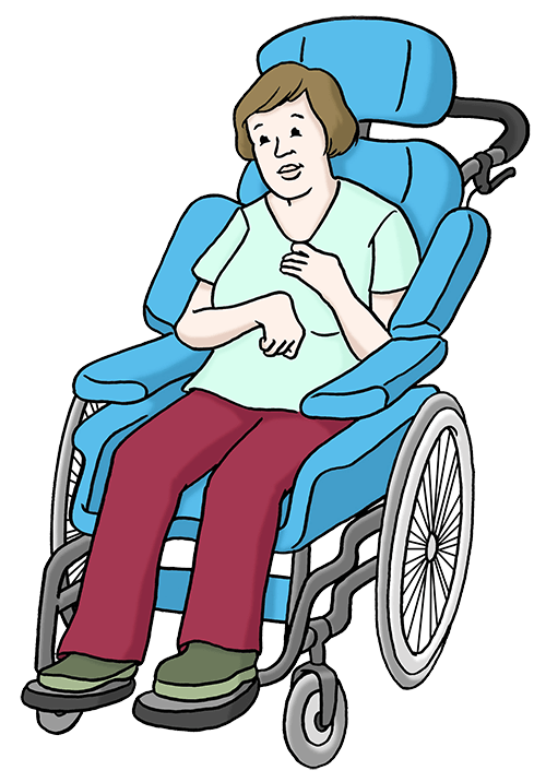 Eine Frau sitzt im Rollstuhl.