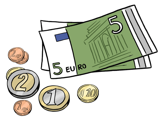 5-Euro-Scheine und Kleingeld.