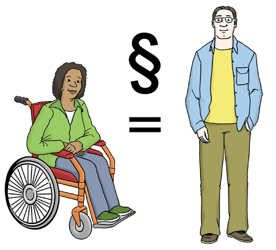 Gleichberechtigung: Schwarze Frau im Rollstuhl hat die gleichen Rechte wie ein weißer Mann.