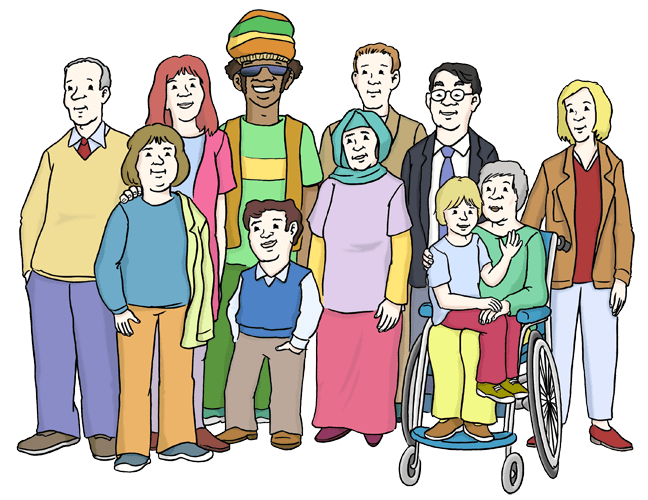 Verschiedene Menschen: Jung und alt, mit und ohne Behinderung.