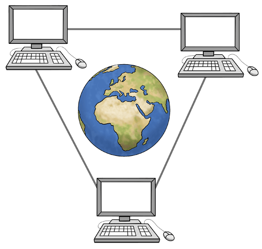 3 Computer sind miteinander verbunden, rund um die Welt.