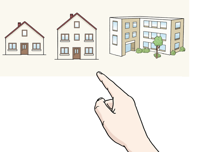 Selbstbestimmung Wohnen: Eine Hand zeigt auf drei verschiedene Häuser.