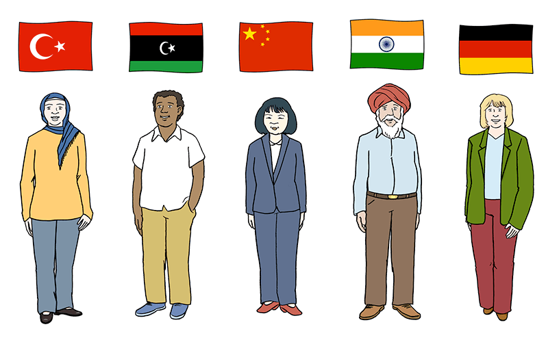 Personen aus verschiedenen Ländern mit den Flaggen dieser Länder
