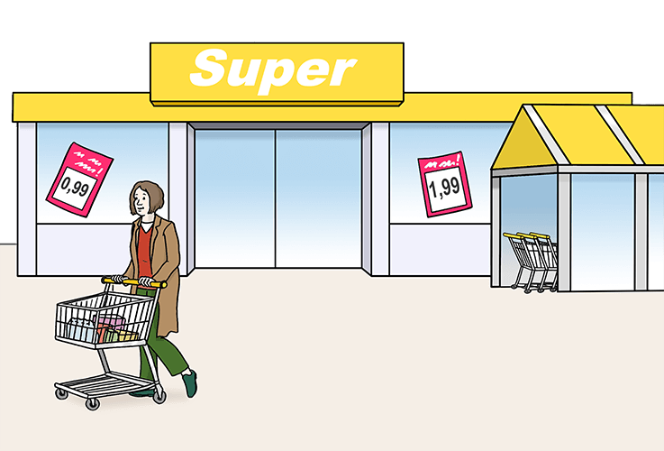 Eine Frau mit Einkaufswagen von einem Supermarkt.