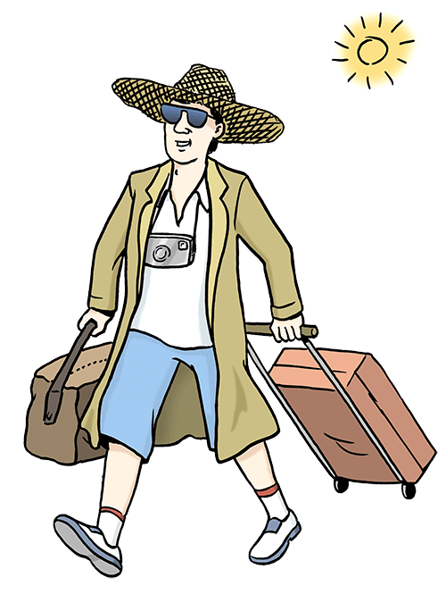 Ein Mann geht mit einem Koffer in den Urlaub.