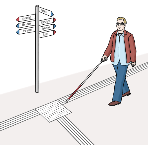 Ein Mann läuft mit einem Blinden-Stab auf der Straße.